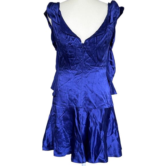 KAREN MILLEN Ruffled Satin‎ Drop Waist Mini Dress in Cobalt Blue-Size 10 - Picture 3 of 7